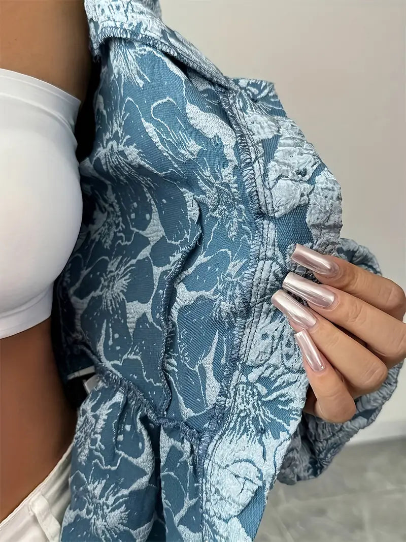 Chemisier Femme Chic à Motif Floral avec Manches Gonflées en Tissu Léger-5