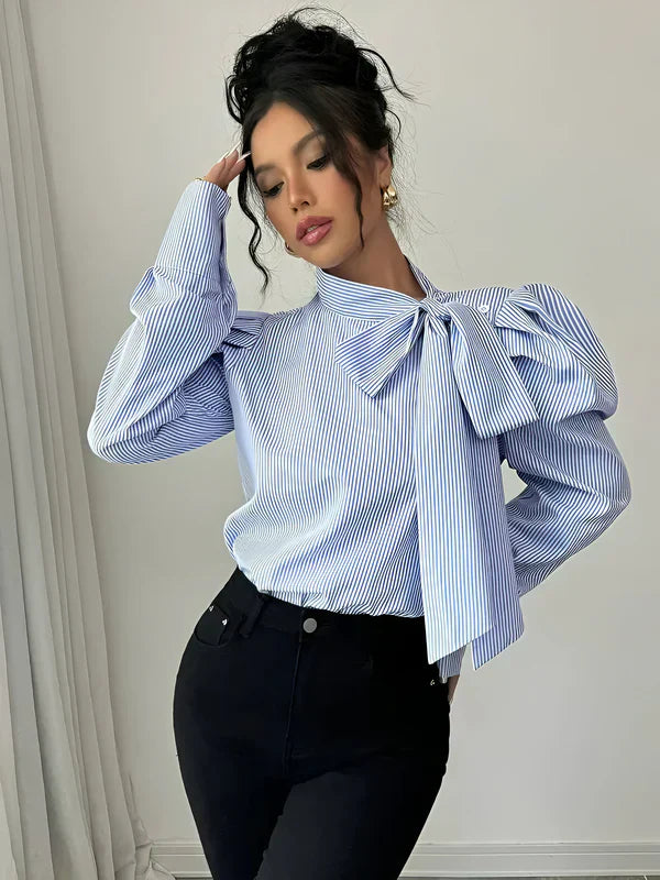 Chemise Femme Élégante à Rayures Grand Col 100% Coton Chic-2