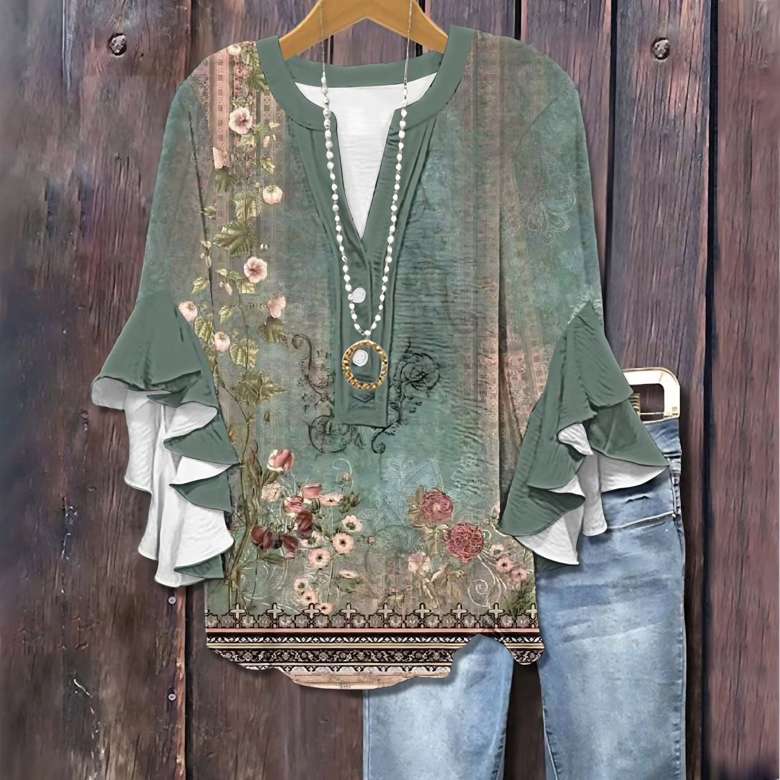 Chemisier Femme Floral à Manches Mi-Longues Volants Col en V