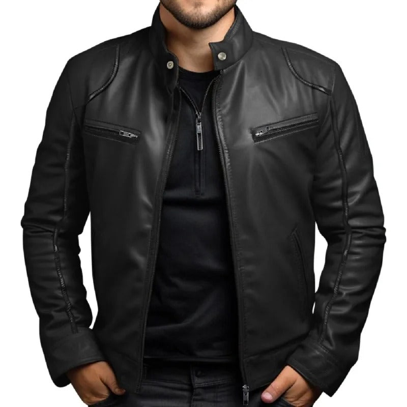 Veste en cuir à col montant pour hommes