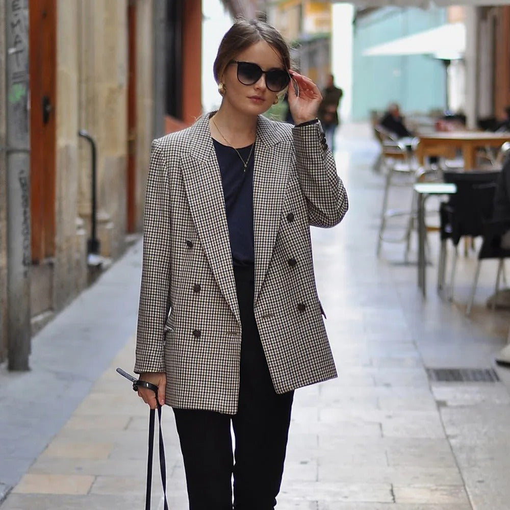 Manteau blazer vintage à carreaux pour femmes