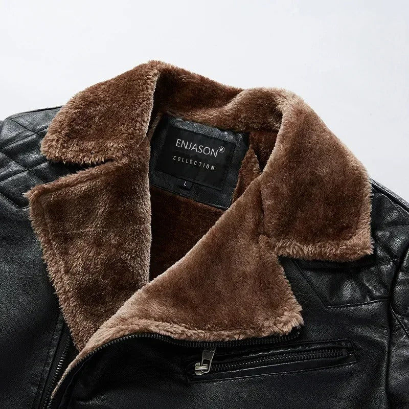 Veste en cuir pour hommes avec col en fourrure