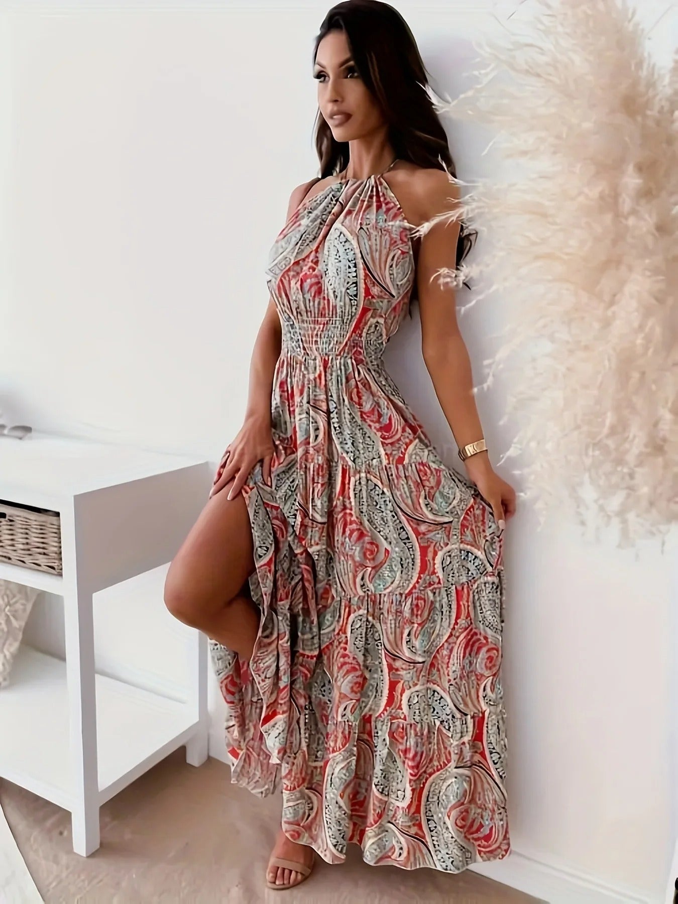 Robe dos nu à imprimé boho vintage pour femmes