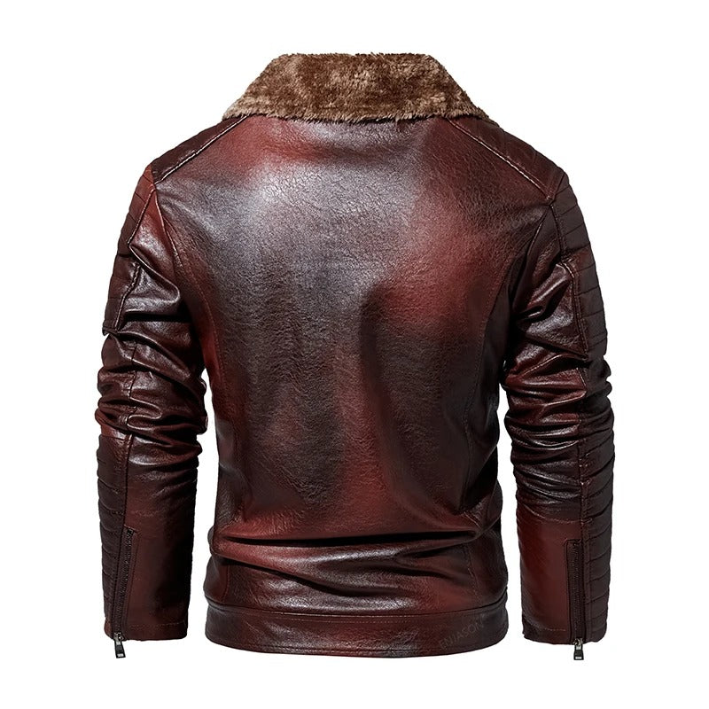 Veste en cuir pour hommes avec col en fourrure