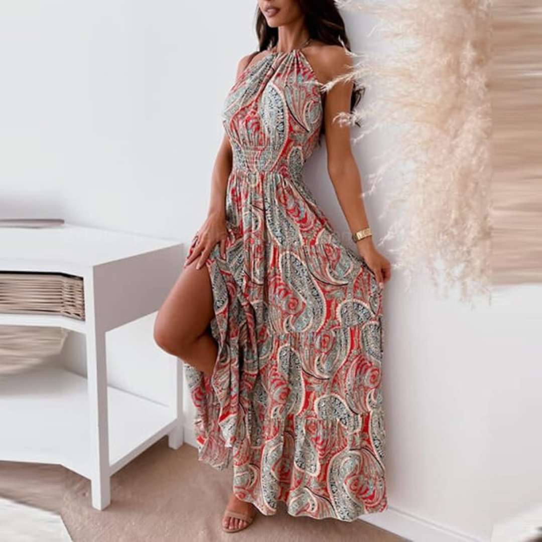 Robe dos nu à imprimé boho vintage pour femmes