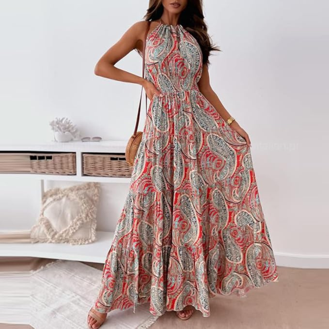 Robe dos nu à imprimé boho vintage pour femmes
