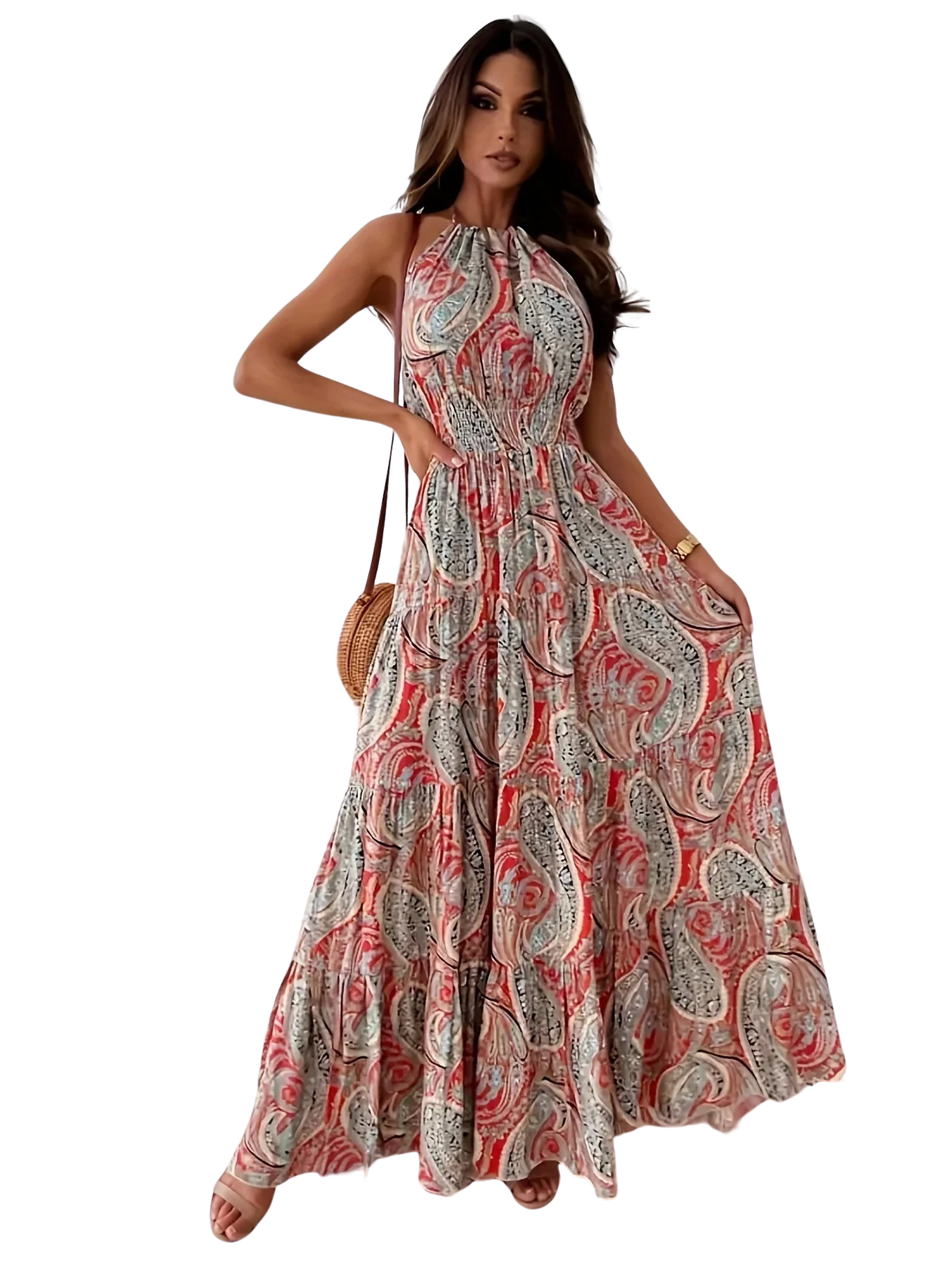 Robe dos nu à imprimé boho vintage pour femmes