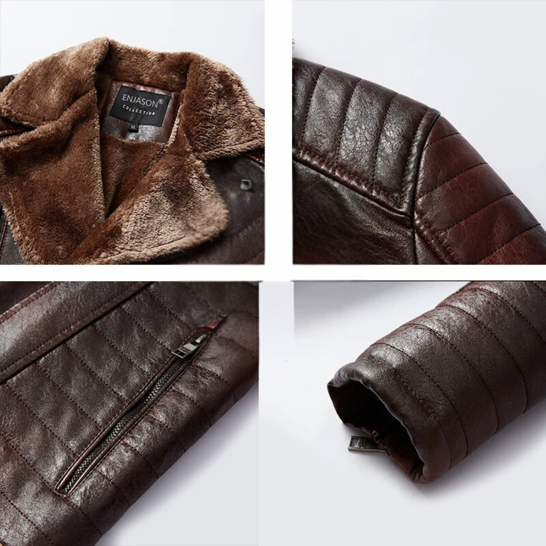 Veste en cuir pour hommes avec col en fourrure
