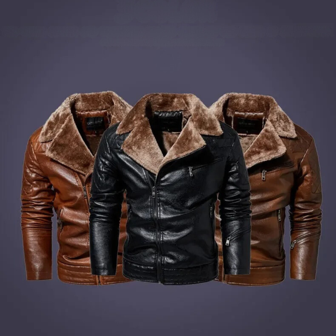 Veste en cuir pour hommes avec col en fourrure