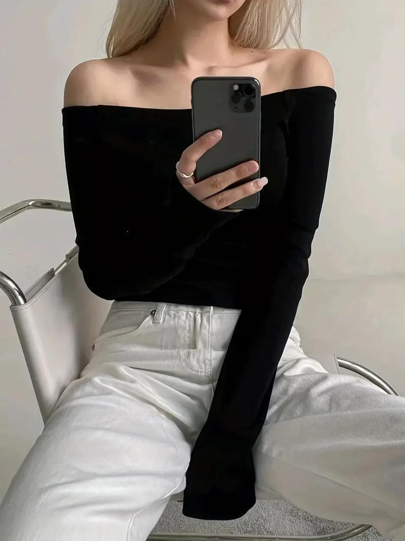 Tops solides à manches longues et à épaules décalées