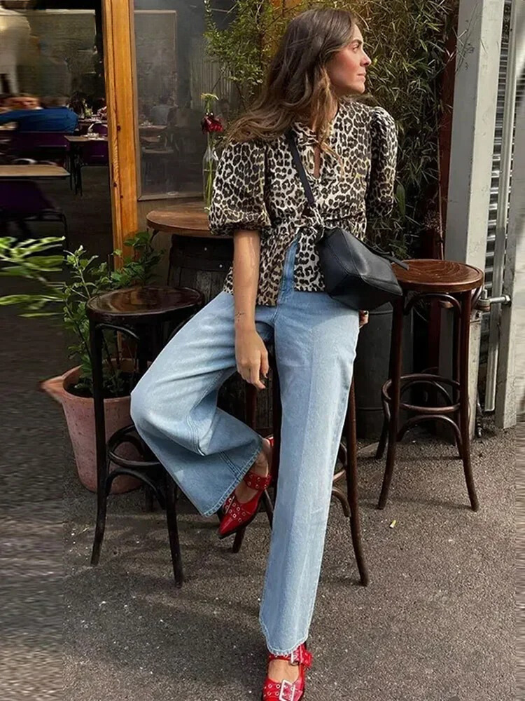 Chemisier à manches bouffantes imprimé léopard