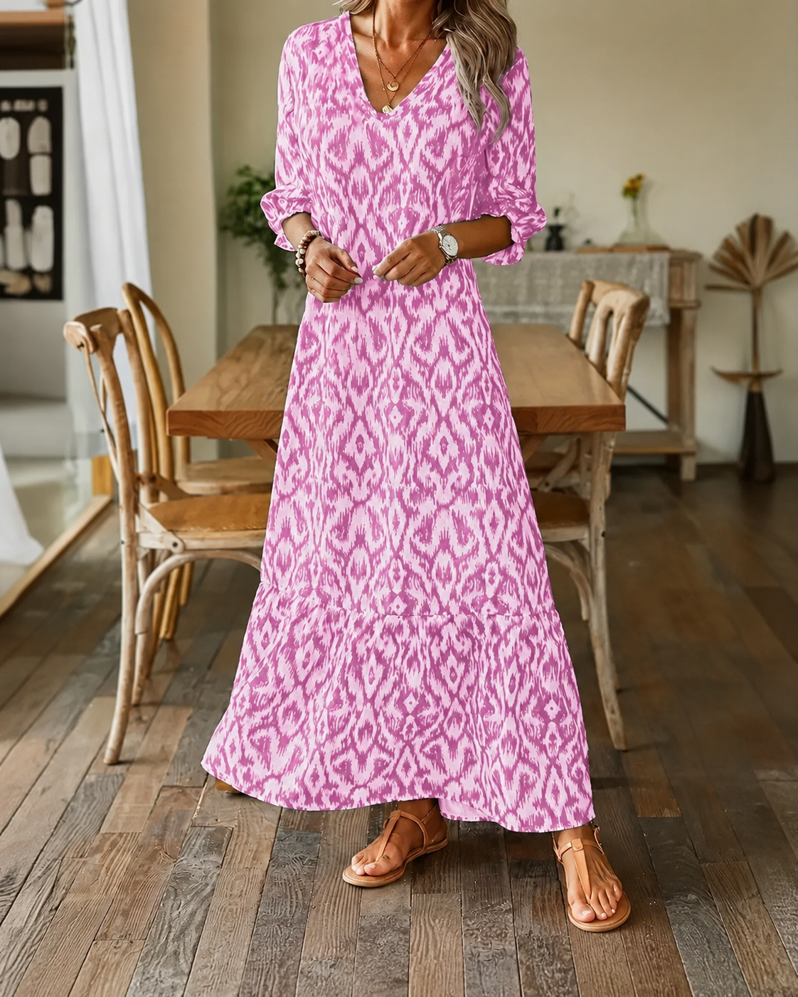 Robe D'Été Femme A-Ligne Col V Manches Mi-Longues Tissu Doux