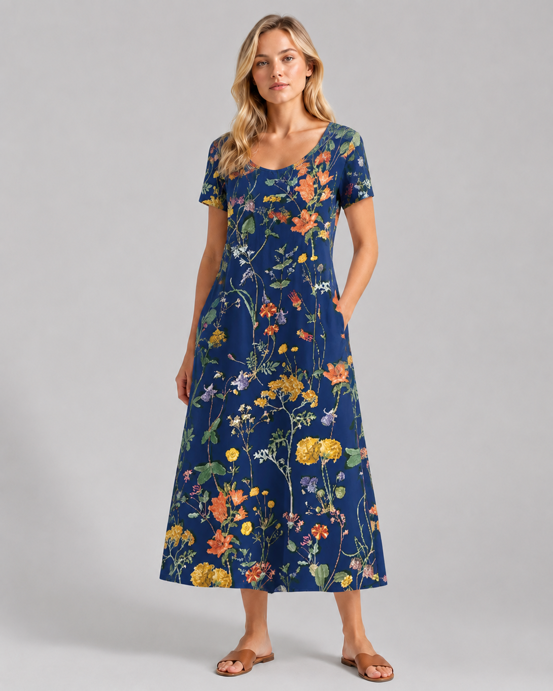 Robe D'Été Femme Imprimé Floral Manches Courtes Tissu Léger