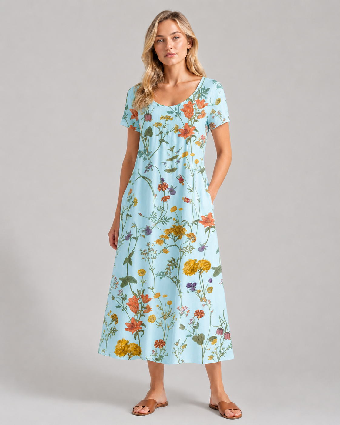 Robe D'Été Femme Imprimé Floral Manches Courtes Tissu Léger