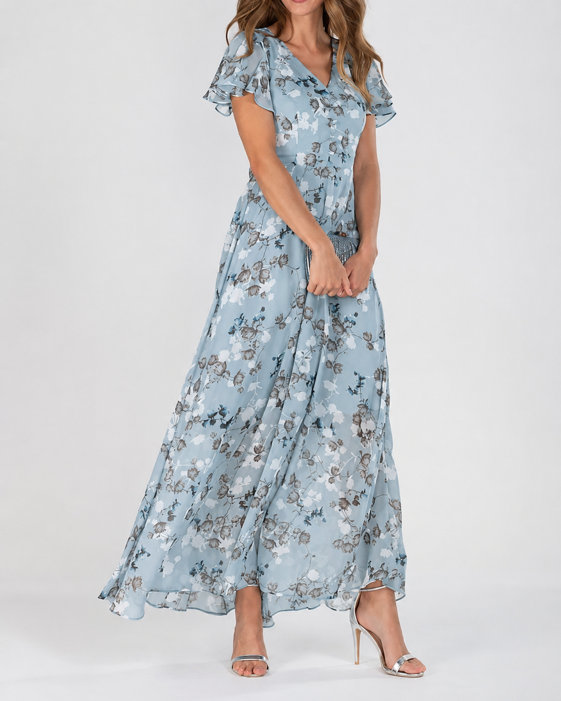 Robe longue maxi pour femme, imprimé floral, col en V, manches courtes flatteuses