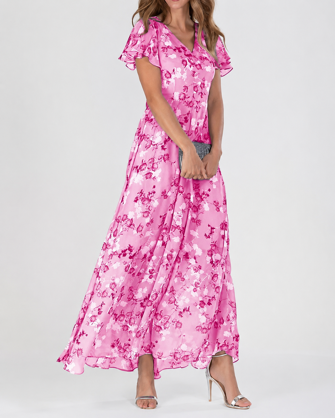 Robe longue maxi pour femme, imprimé floral, col en V, manches courtes flatteuses