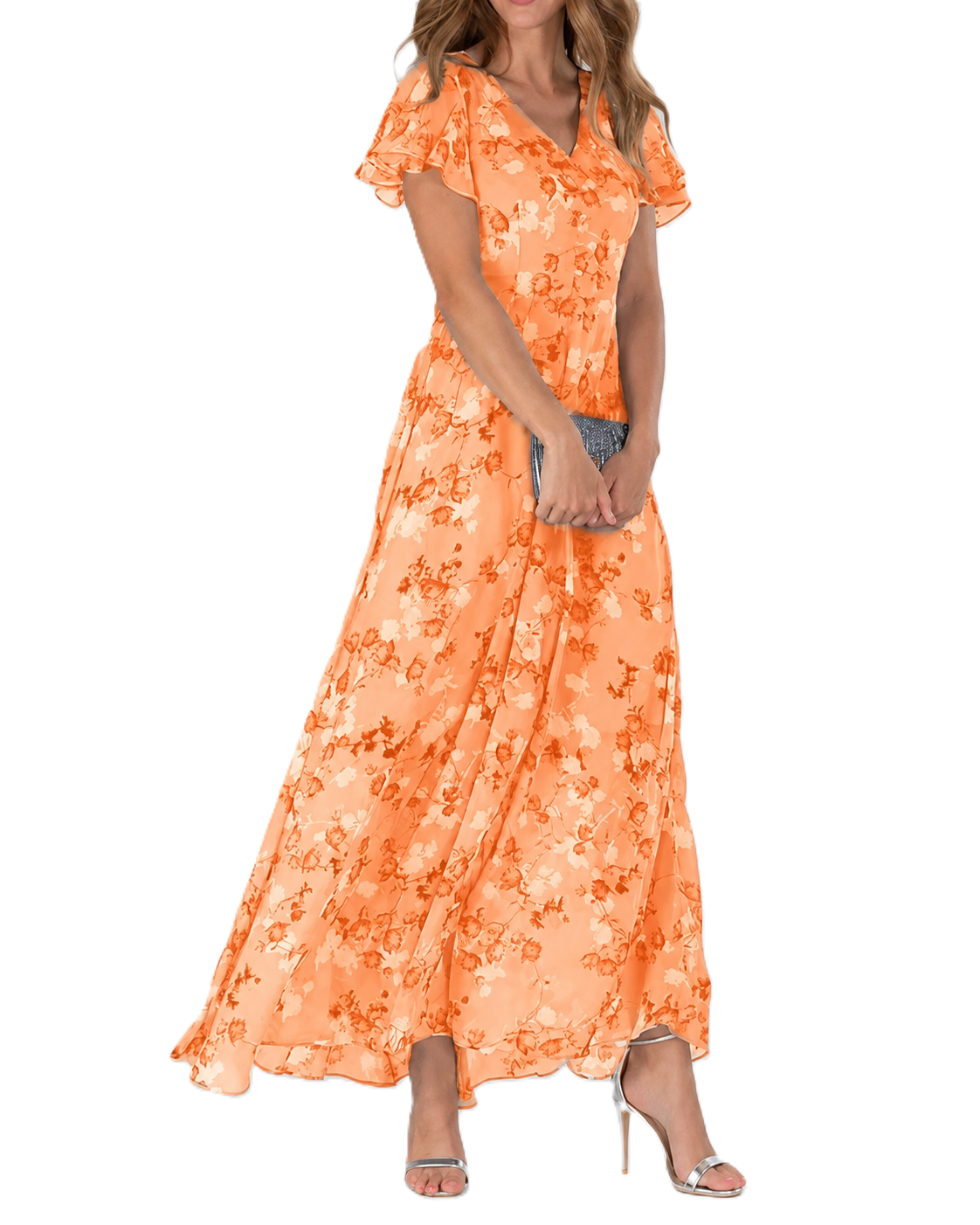 Robe longue maxi pour femme, imprimé floral, col en V, manches courtes flatteuses