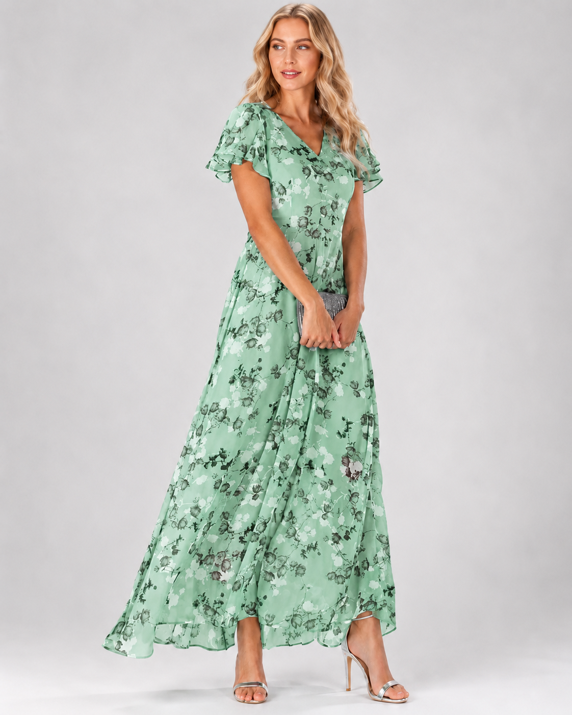 Robe longue maxi pour femme, imprimé floral, col en V, manches courtes flatteuses