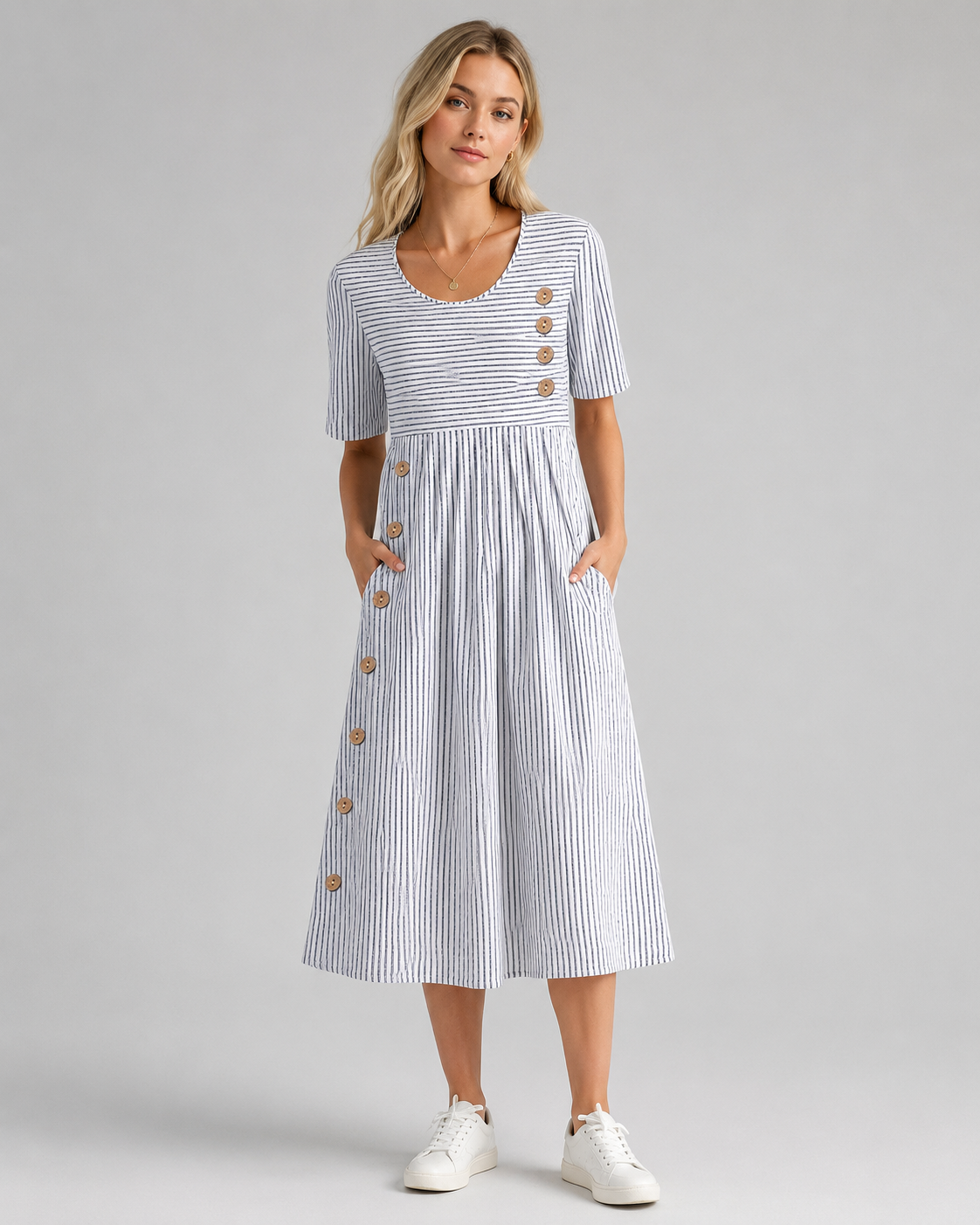 Robe Midi Femme Rayée Manches 3/4 Flatteuse
