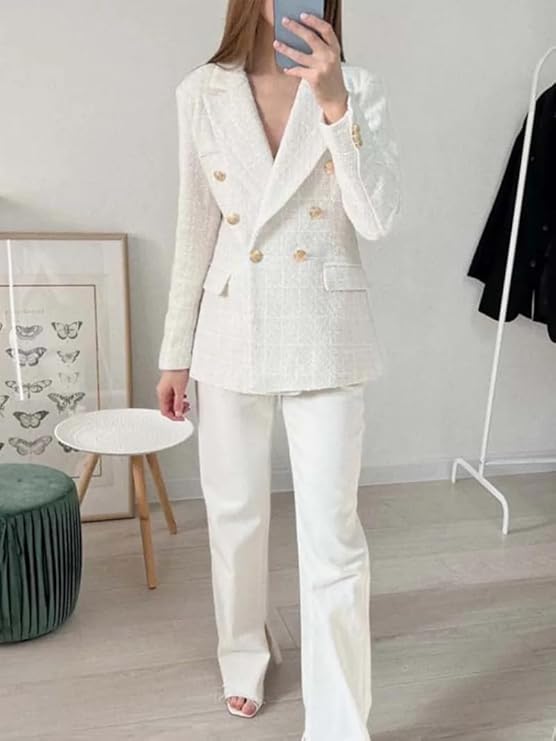 Blazer en tweed à double boutonnage pour femmes