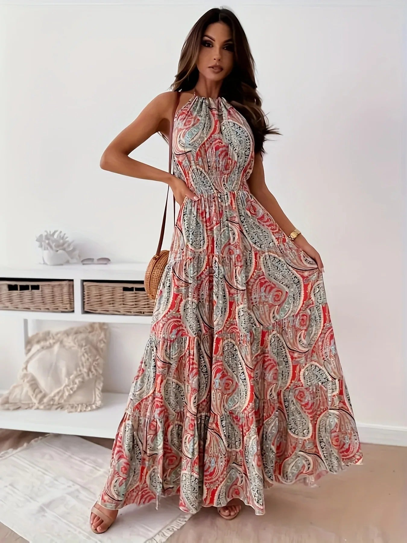 Robe dos nu à imprimé boho vintage pour femmes