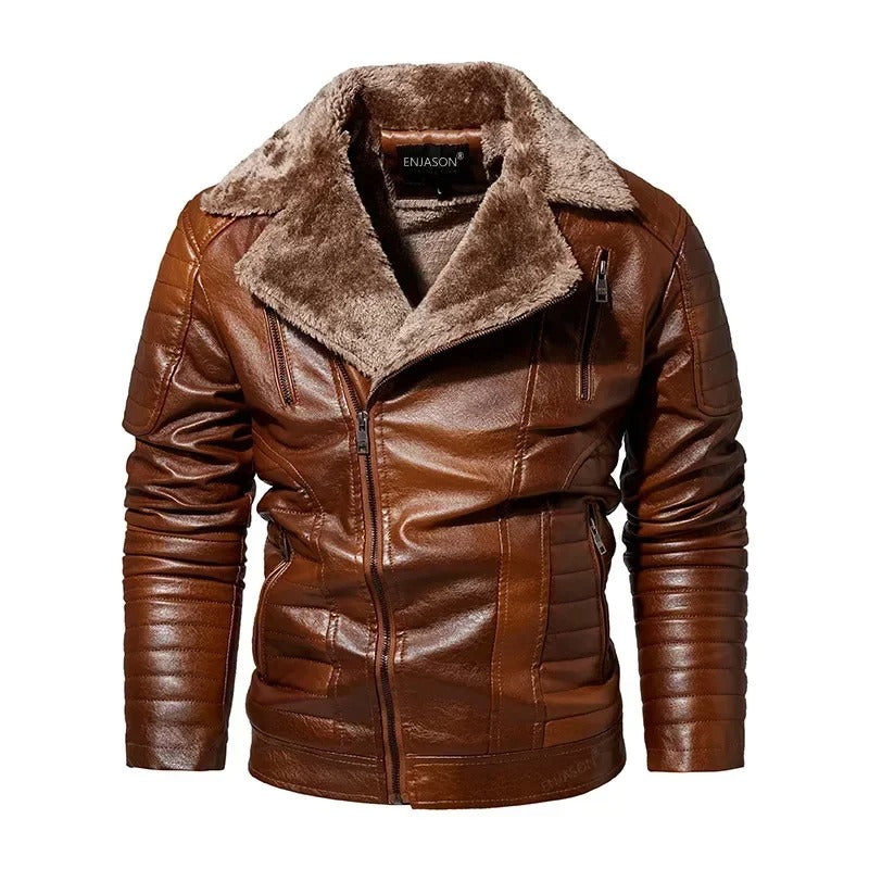 Veste en cuir pour hommes avec col en fourrure