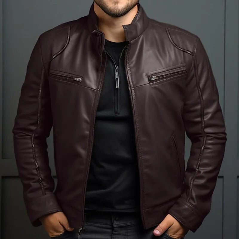 Veste en cuir à col montant pour hommes
