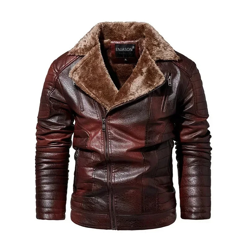 Veste en cuir pour hommes avec col en fourrure