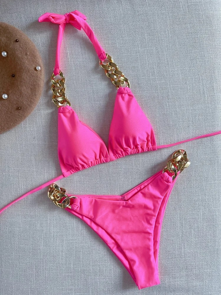 Ensemble de bikini dos nu à chaînes dorées