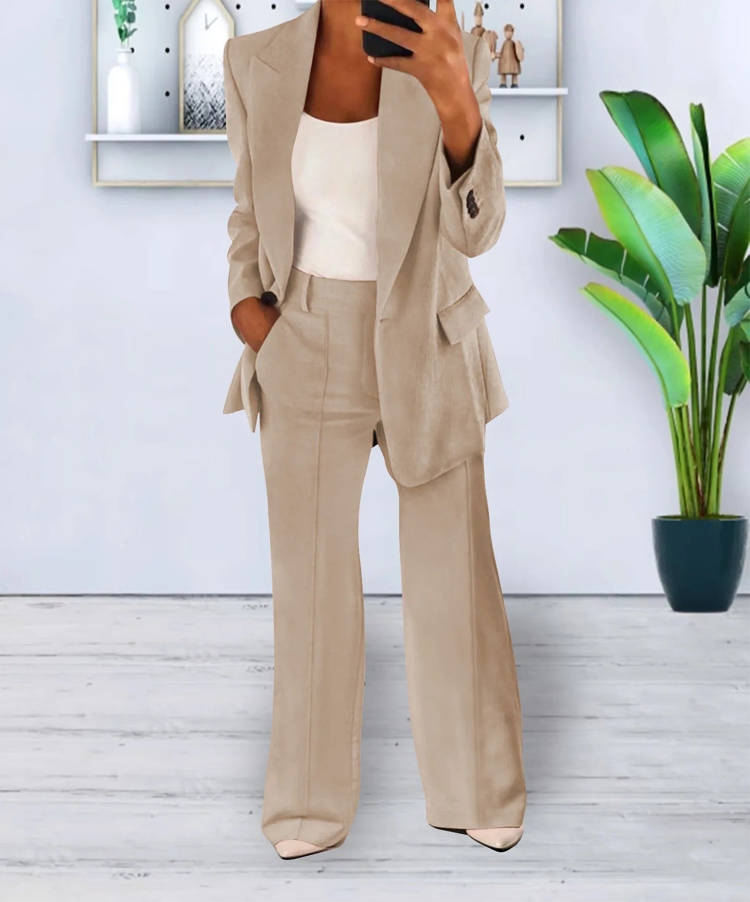 Variant image for Ensemble Femme Blazer et Pantalons Amples Noir Décontracté en Polyester-22