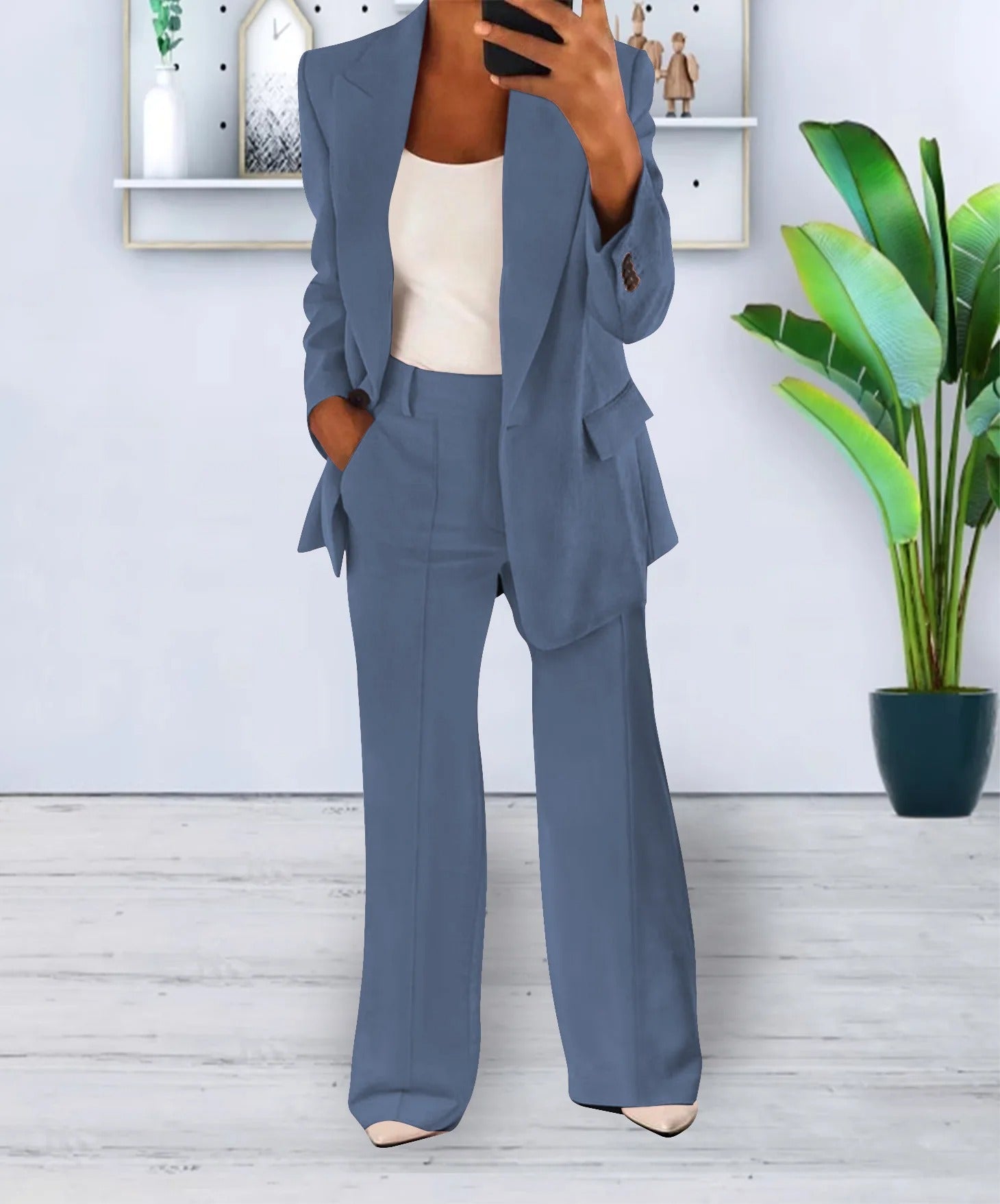 Variant image for Ensemble Femme Blazer et Pantalons Amples Noir Décontracté en Polyester-10