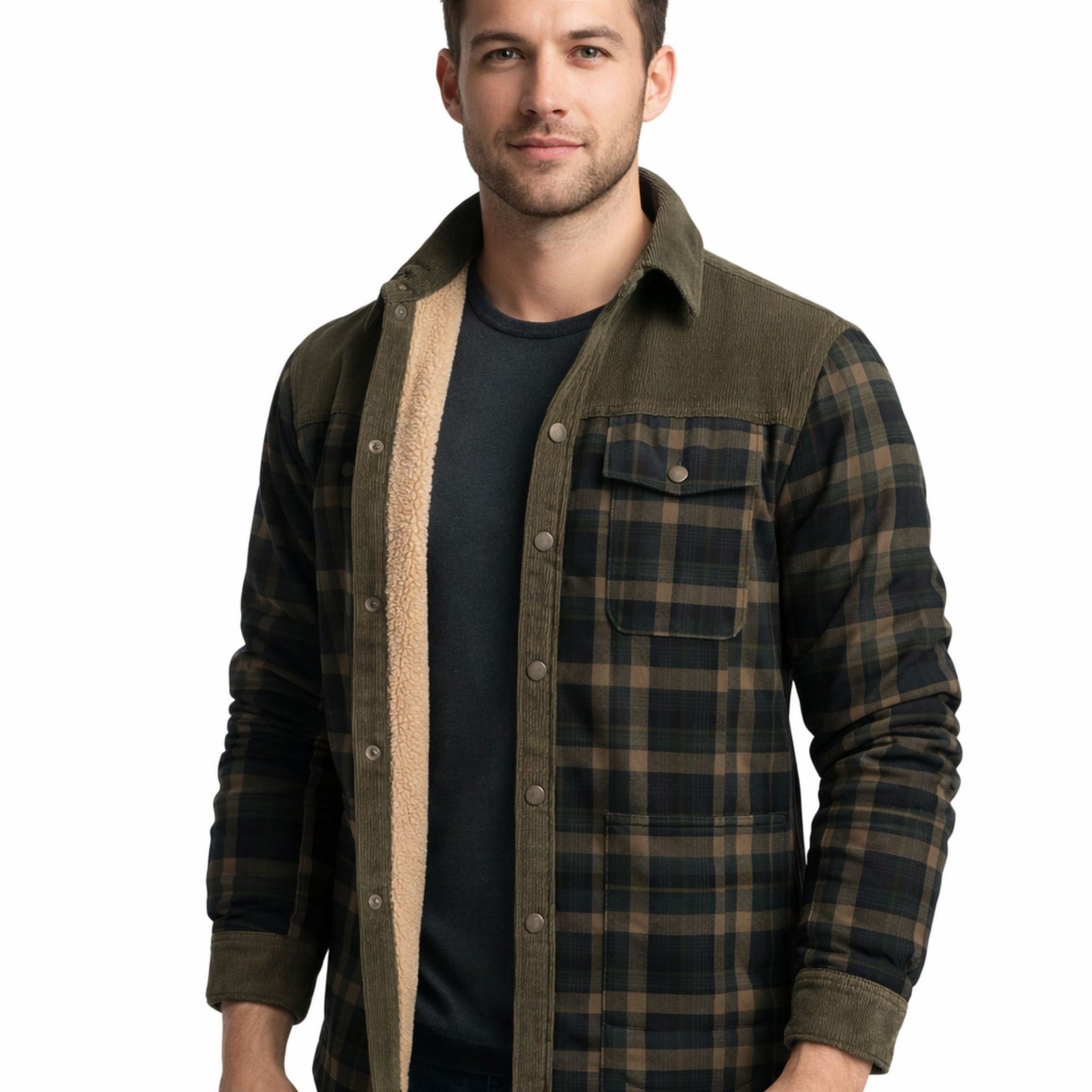 Veste d'Hiver pour Hommes Bomber à Carreaux Doublée Sherpa