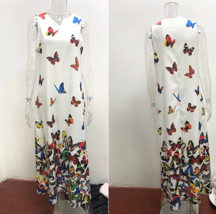 Robe longue sans manches à imprimé papillon