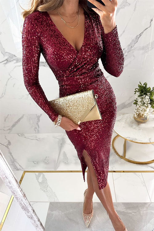 Robe de Soirée Chic Femme à Paillettes Longues Manches Polyester 5