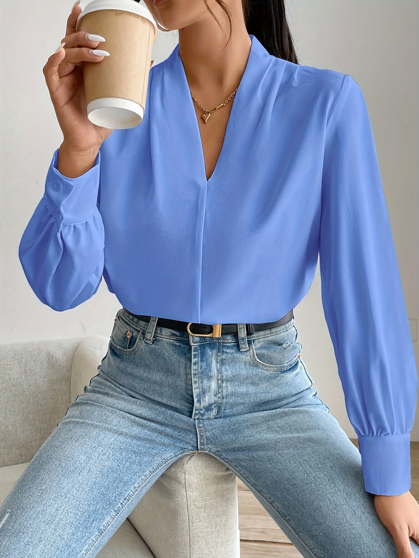 Blouse Femme Noir Élégante Col en V Polyester Classique-5