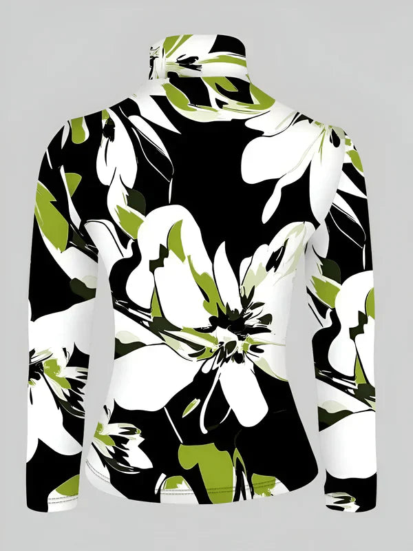 Tee Shirt Femme Col Roulé Imprimé Floral Manches Longues 100% Coton-4