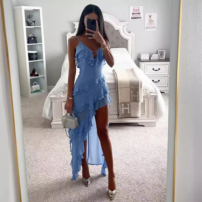 Robe Longue Femme Élégante en Tissu Léger avec Volants Asymétriques-1