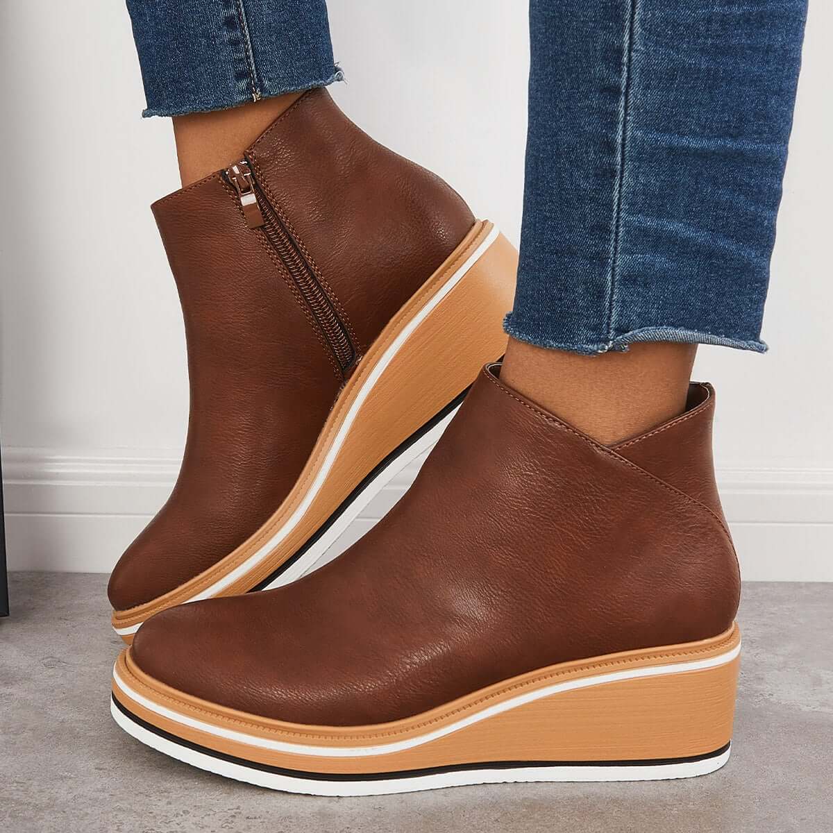 Variant image for Bottes de Cheville Femme Élégantes Cuir Synthétique avec Fermeture Éclair et Plateau-33
