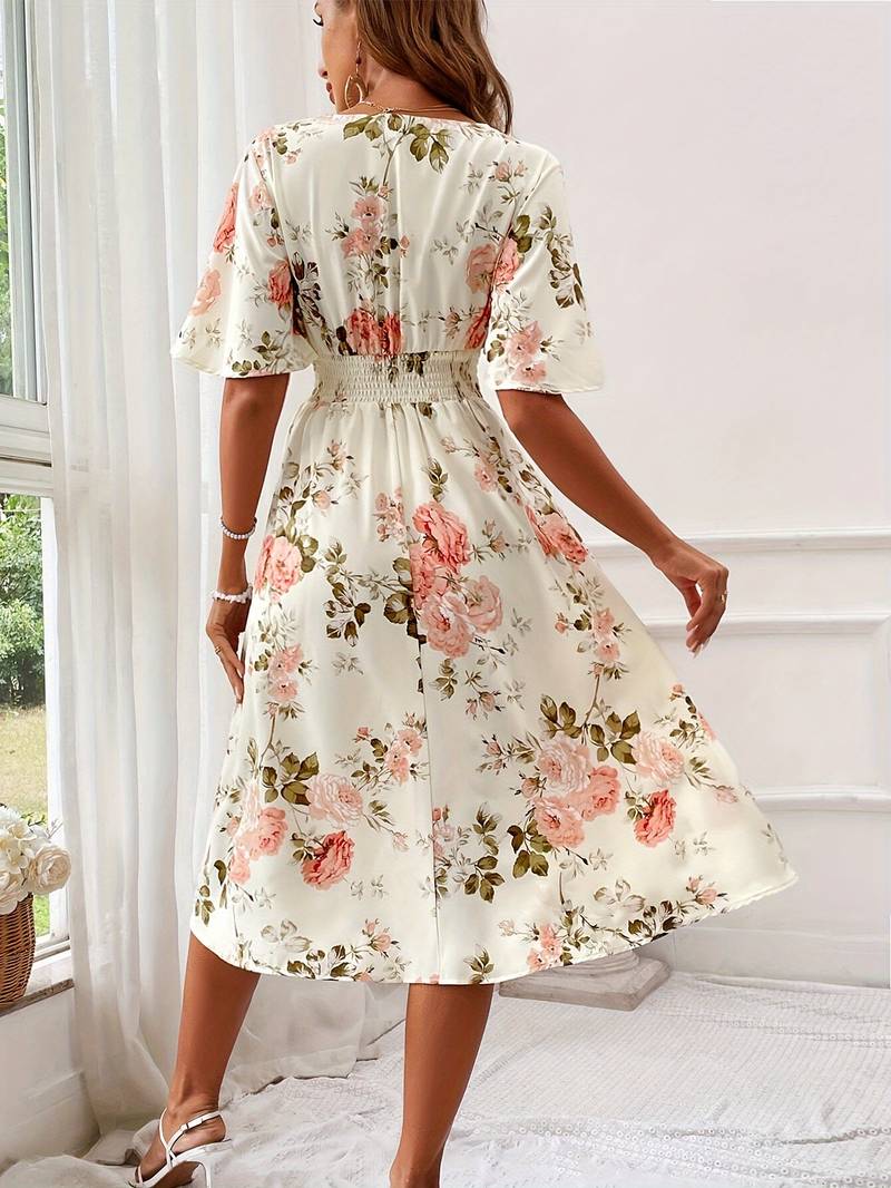 Robe Femme A Ligne Élégante Imprimé Floral Manches Volantes Polyester-2