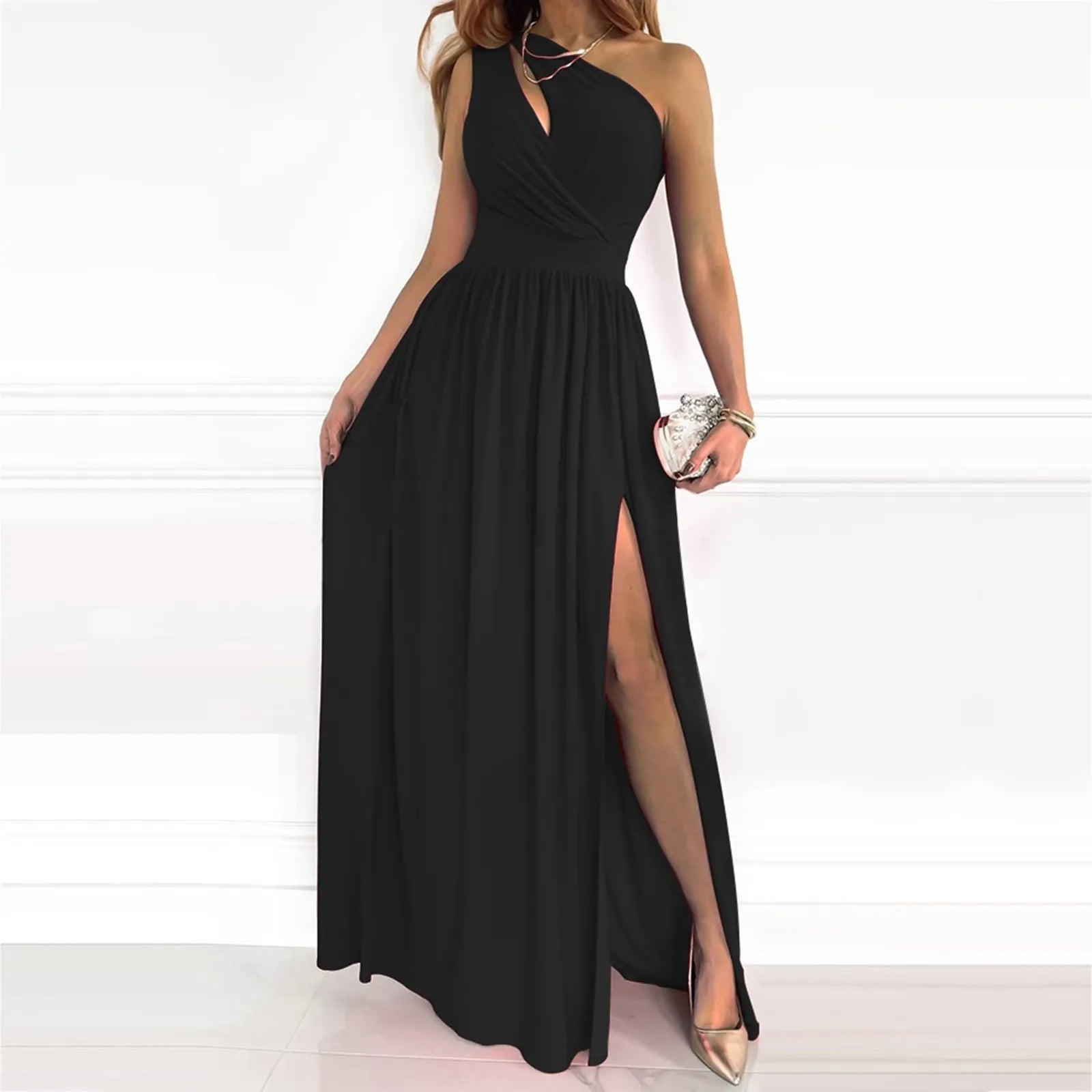 Robe d'Épaule Élégante avec Fente Haute en Polyester 5