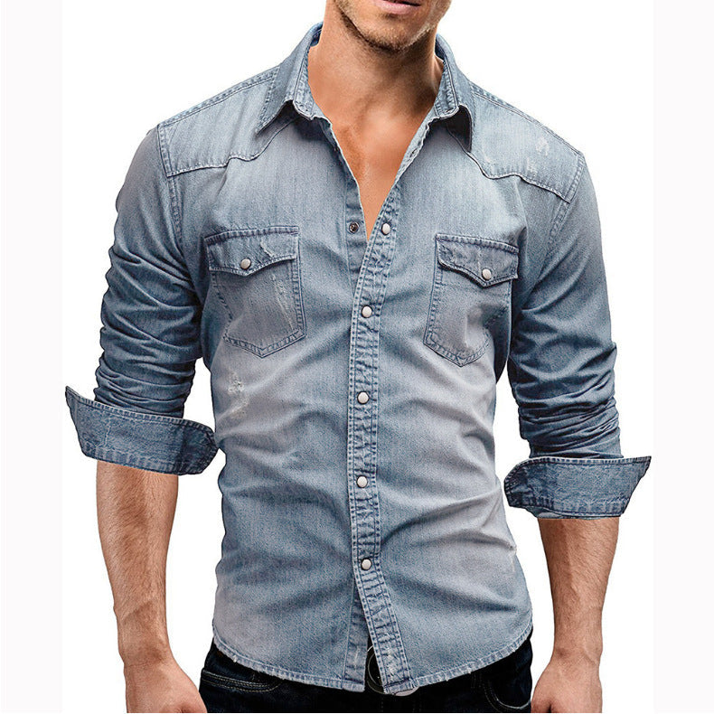 Chemise en Denim Retro pour Homme à Poches Boutonnées