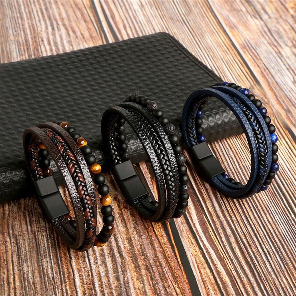 Bracelet Femme Tressé Cuir Artificiel avec Perles Assorties 4