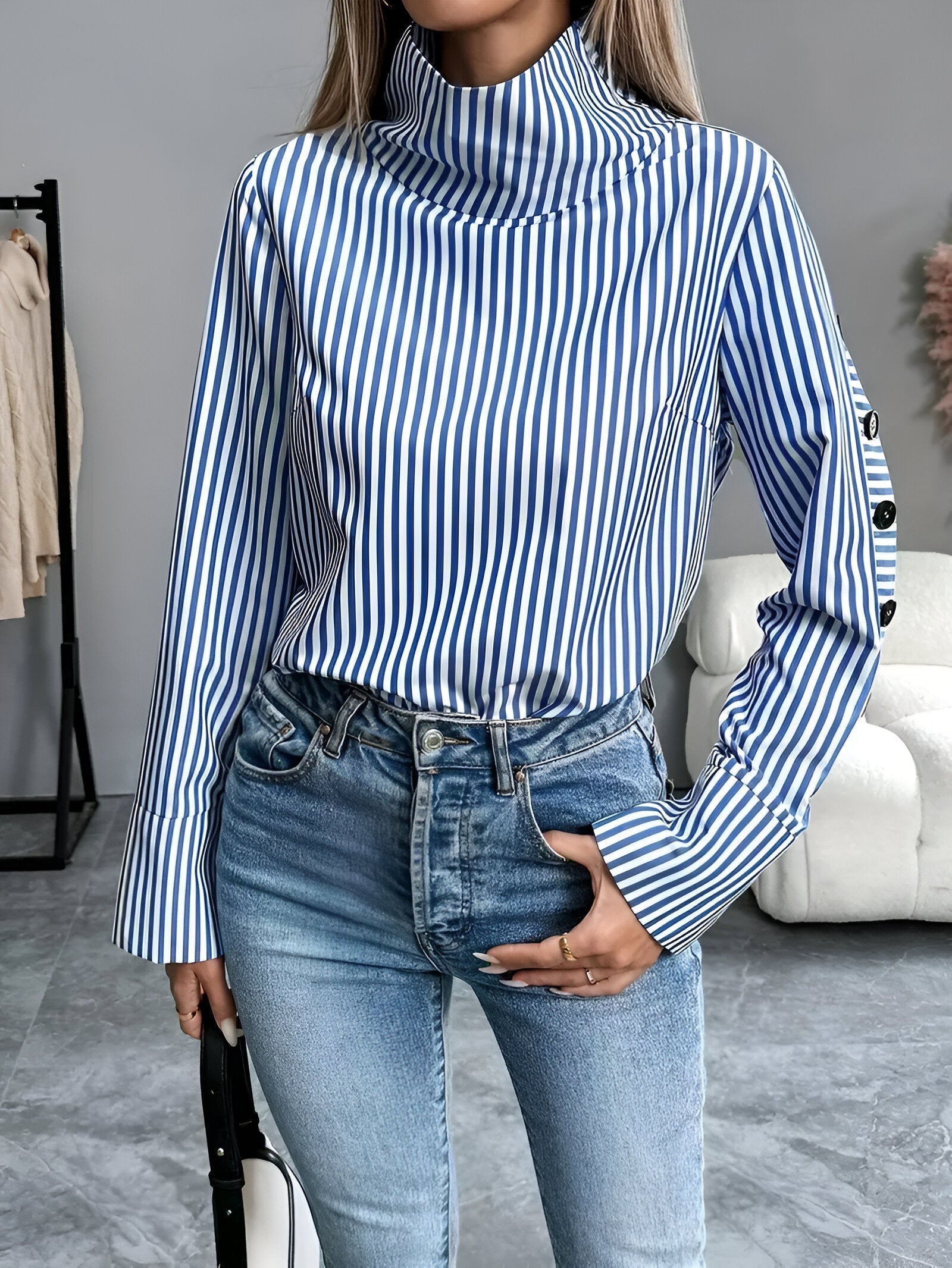 Variant image for Chemise Femme Chic à Rayures Col Haut 100% Coton-1
