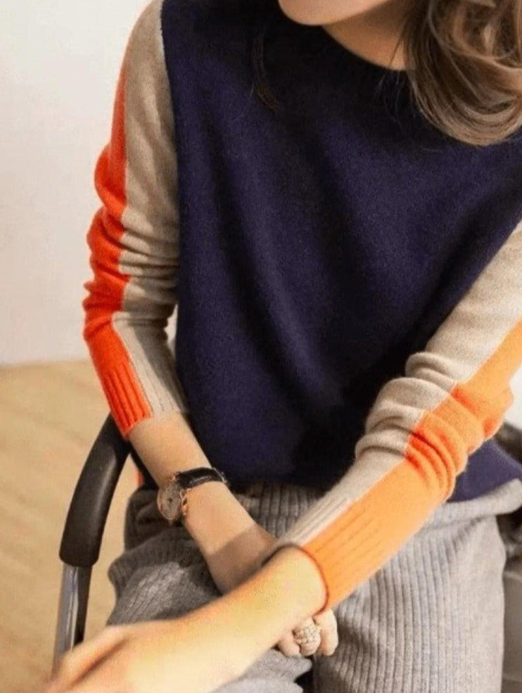 Pull Femme Rétro en Maille Acrylique avec Rayures Bleu Marine et Orange 3