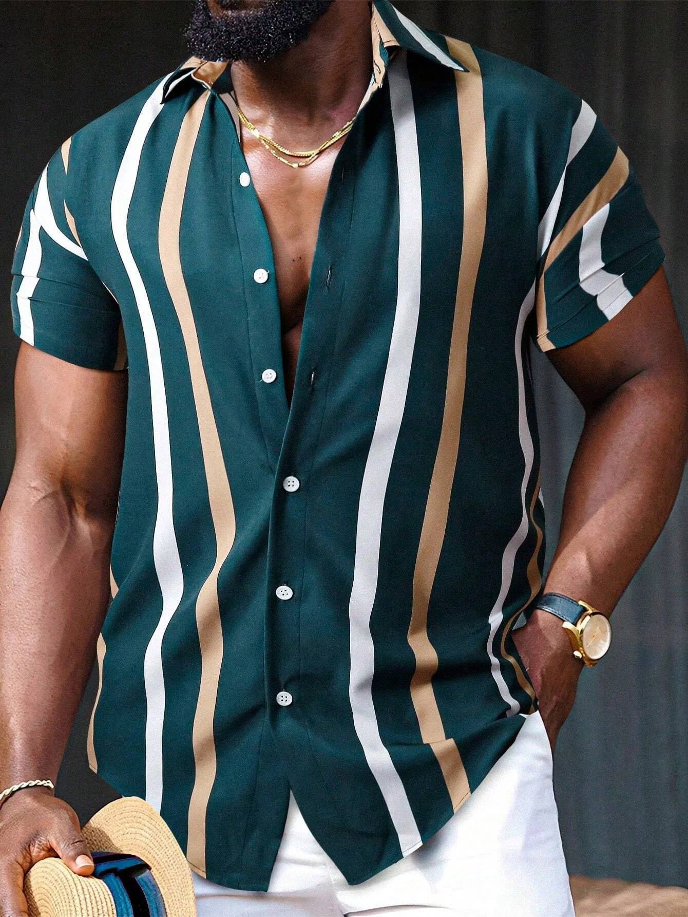 Chemise Homme Élégante à Rayures Dorées Tissu de Haute Qualité 2