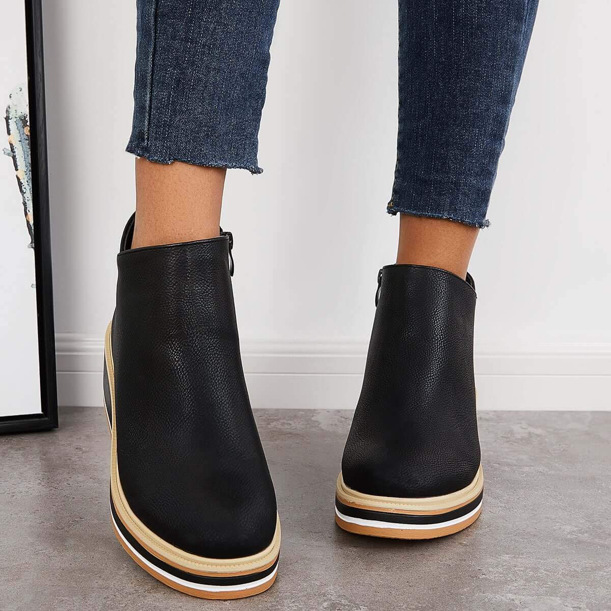 Bottes de Cheville Femme Élégantes Cuir Synthétique avec Fermeture Éclair et Plateau 1