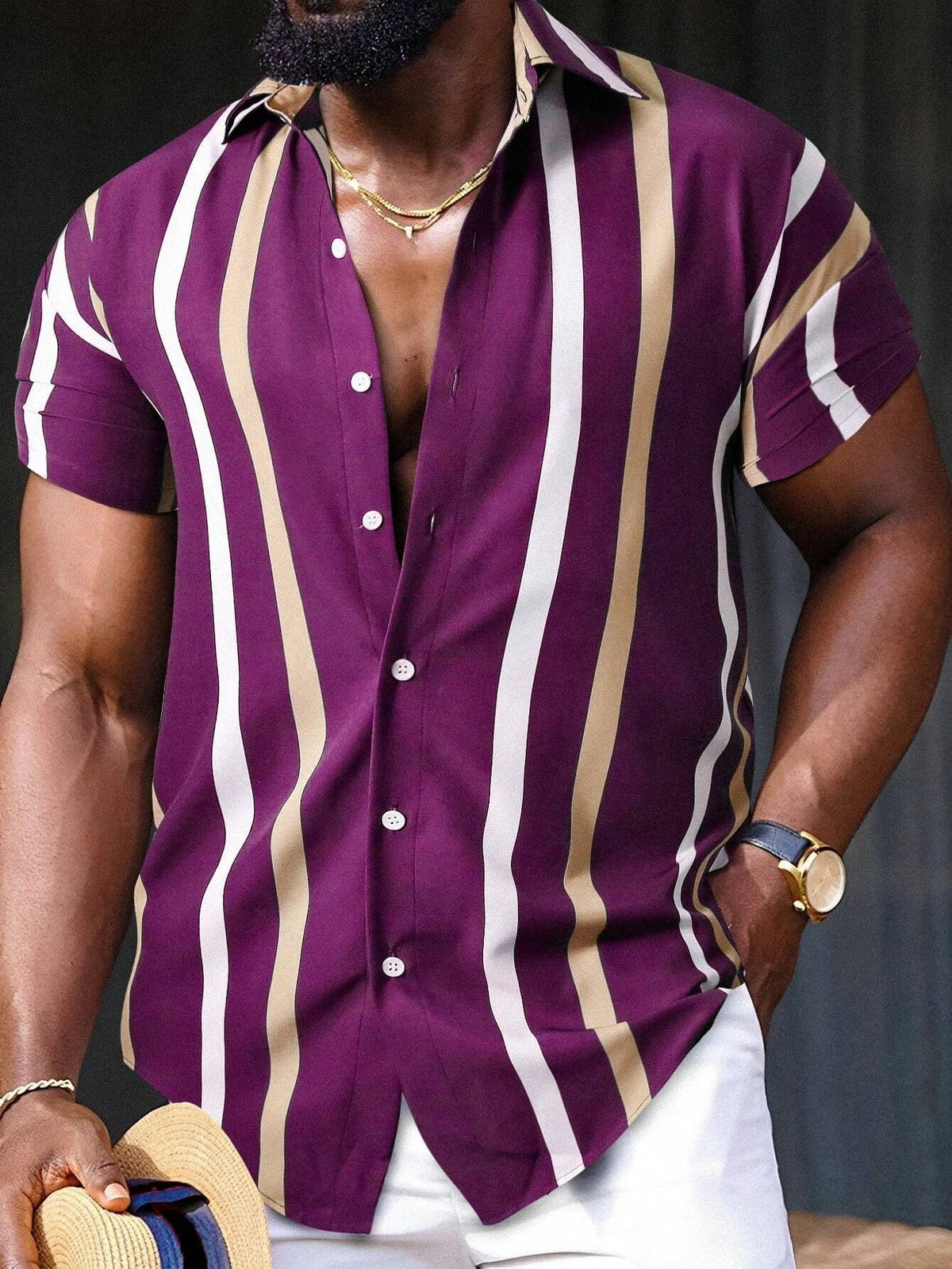 Chemise Homme Élégante à Rayures Dorées Tissu de Haute Qualité 3