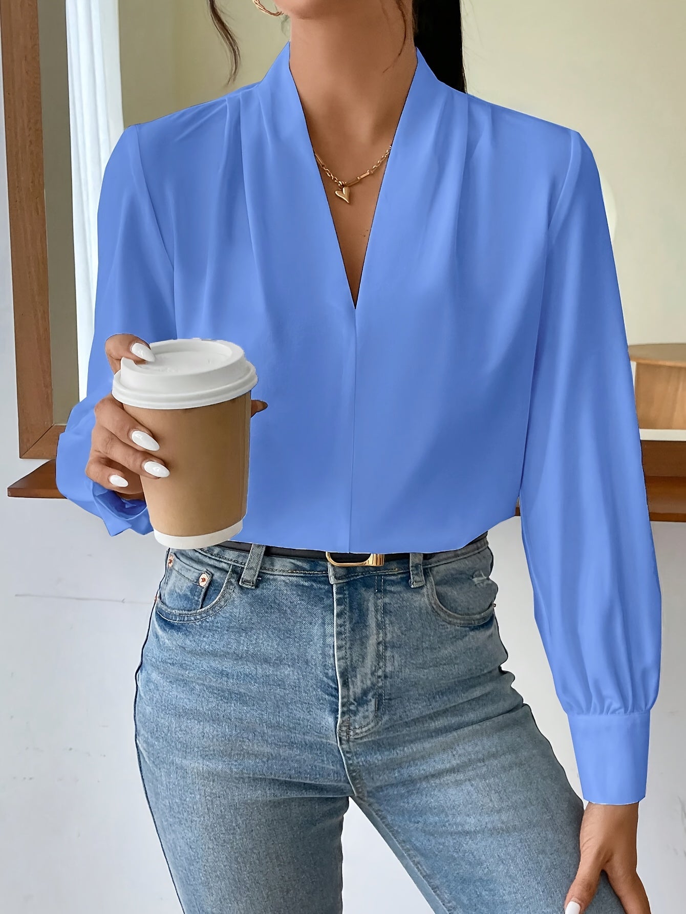 Blouse Femme Noir Élégante Col en V Polyester Classique-4