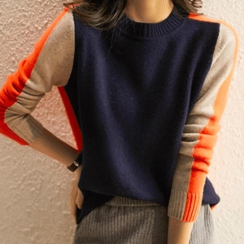 Pull Femme Rétro en Maille Acrylique avec Rayures Bleu Marine et Orange 1