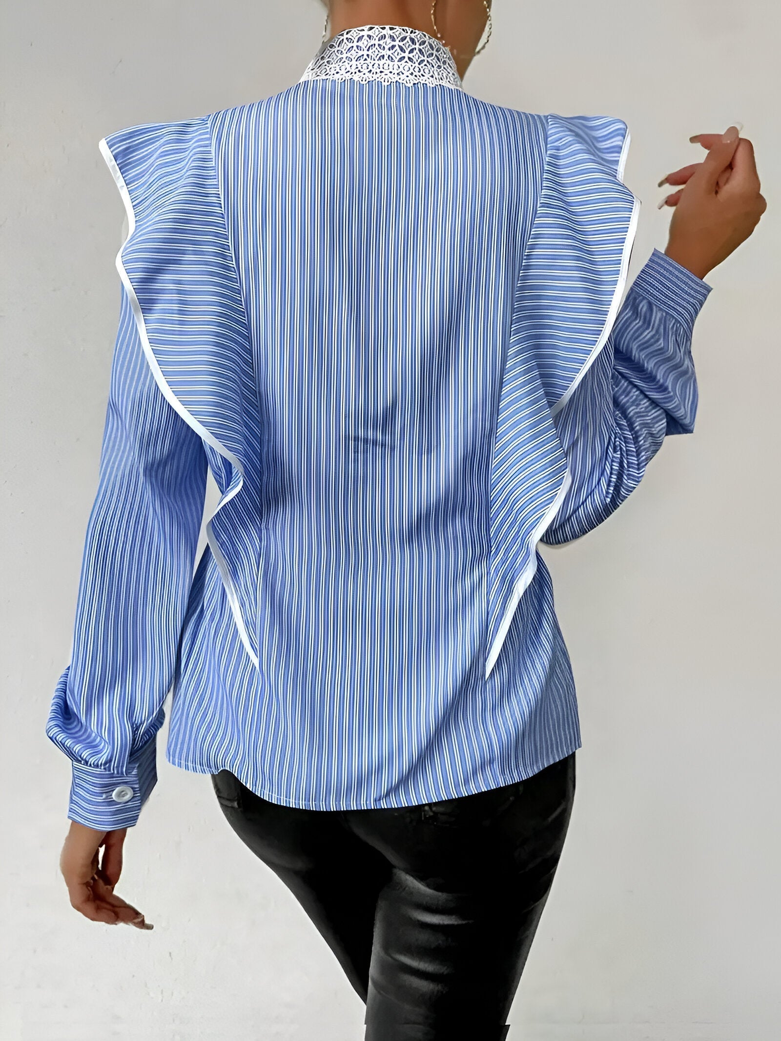 Chemise Femme Élégante à Rayures avec Volants et Manches Longues en Tissu Doux-3